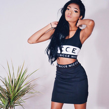 2 pcs Summer Casual Women Letter Printed Sleeveless Midriff Tops Bandage Bodycon Dress Outfits Set Tank Top Mini Skirt Clubwear