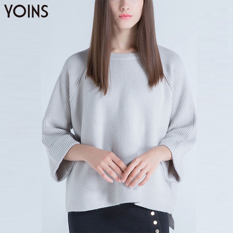 YOINS 2016 New Arrival Women Fashion 3/4 Sleeve Crew Neck Loose Knitted Pullover Jumper Sweater Casual Sweater Knitwear 4 Colors