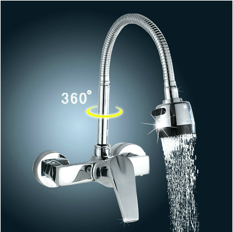 FREE SHIPPING Brass Chrome Taps For Kitchen Sink Kitchen Tap Dual Hole Wall Kitchen Mixer Kitchen Faucet torneira cozinha