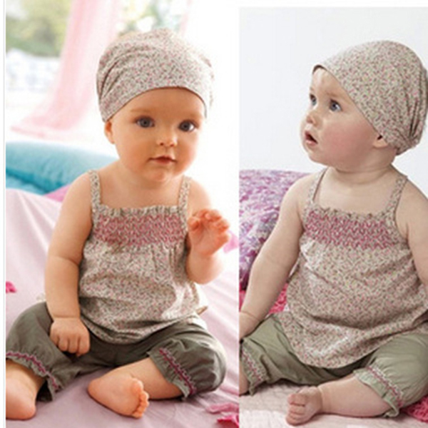 Baby Infant Clothes Floral Print Sling Shirt Lace Short Pants Scarf Suit 3PC