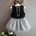 2016 new girls suit princess dress T shirt 2 PC sets striped tutu skirt lace hollow