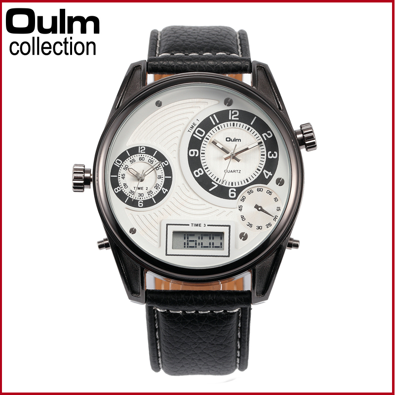 Three Time Zone Army Military OULM 3581 Men Watch With Leather Strap Quartz Japan Movt Quartz