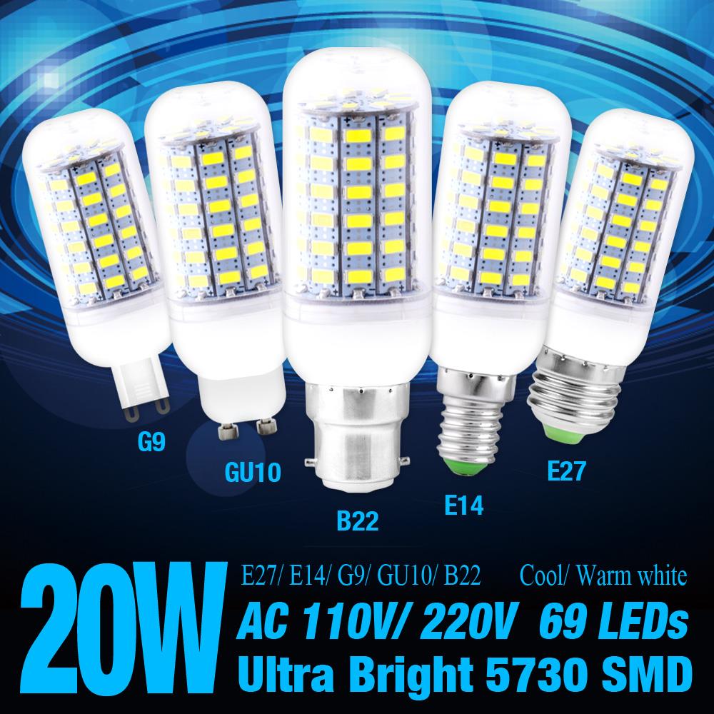Ultra Bright 5730 SMD LED Corn Bulb Lamp Light White AC 110V 220V E27 B22 GU10 E14 20W EB6696