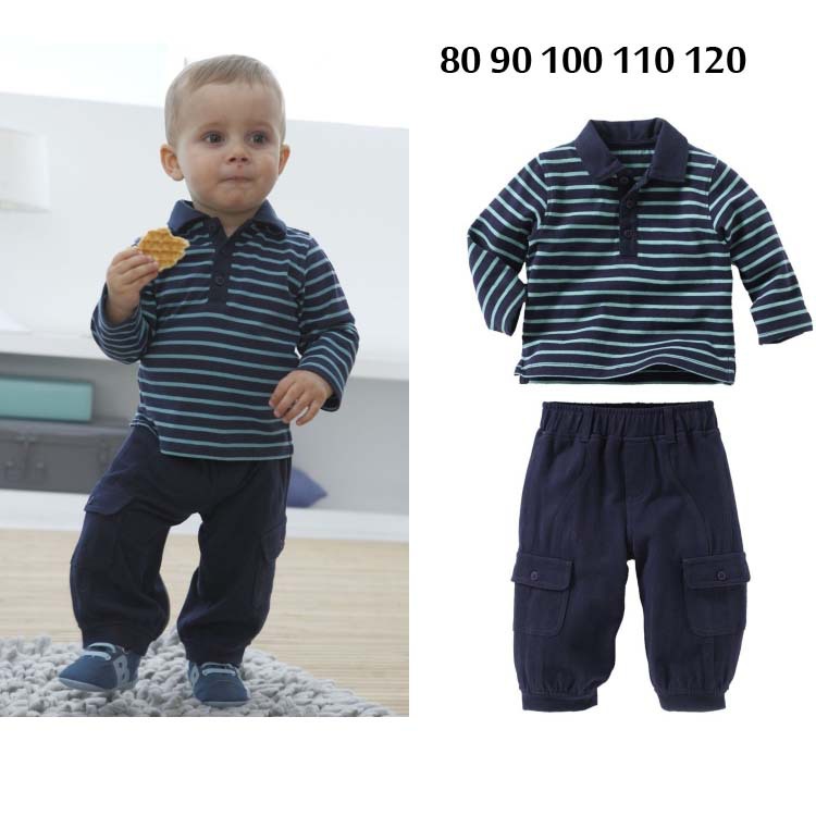 New autumn baby boy suit cotton blue long sleeve lapel striped t shirt + trousers 2pcs set kids boy casual clothing set 5set/lot