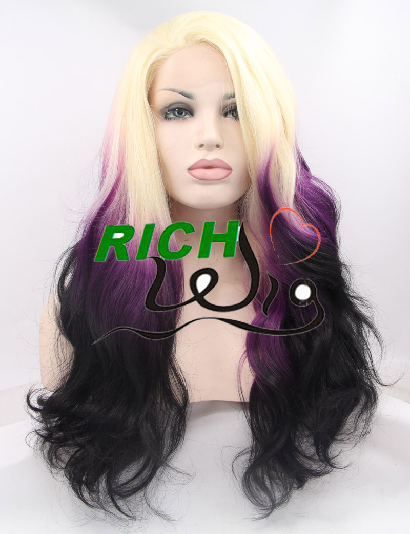 Фотография Multi Colored Lace Front Wigs Synthetic Ombre Long Hair 3 Tone (Blonde Purple Black) Heat Resistant Cosplay Wig Body Wave