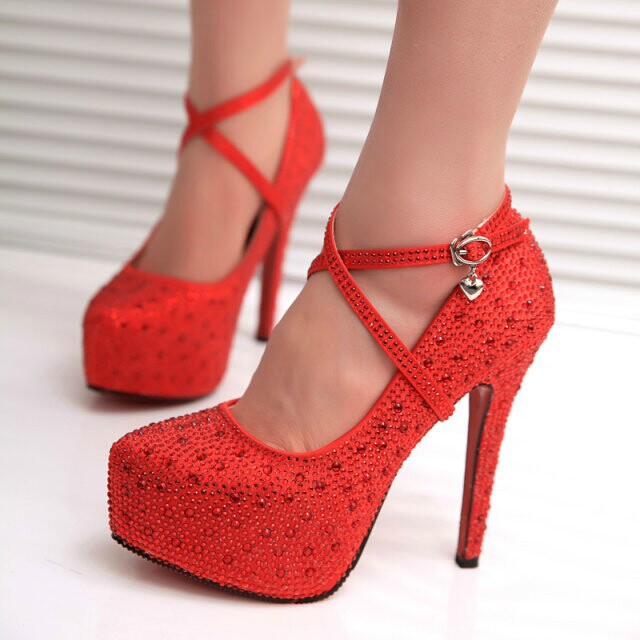 Cheap Price Crystal Wedding Shoes High Rhinestone Pointed Toe Red ...