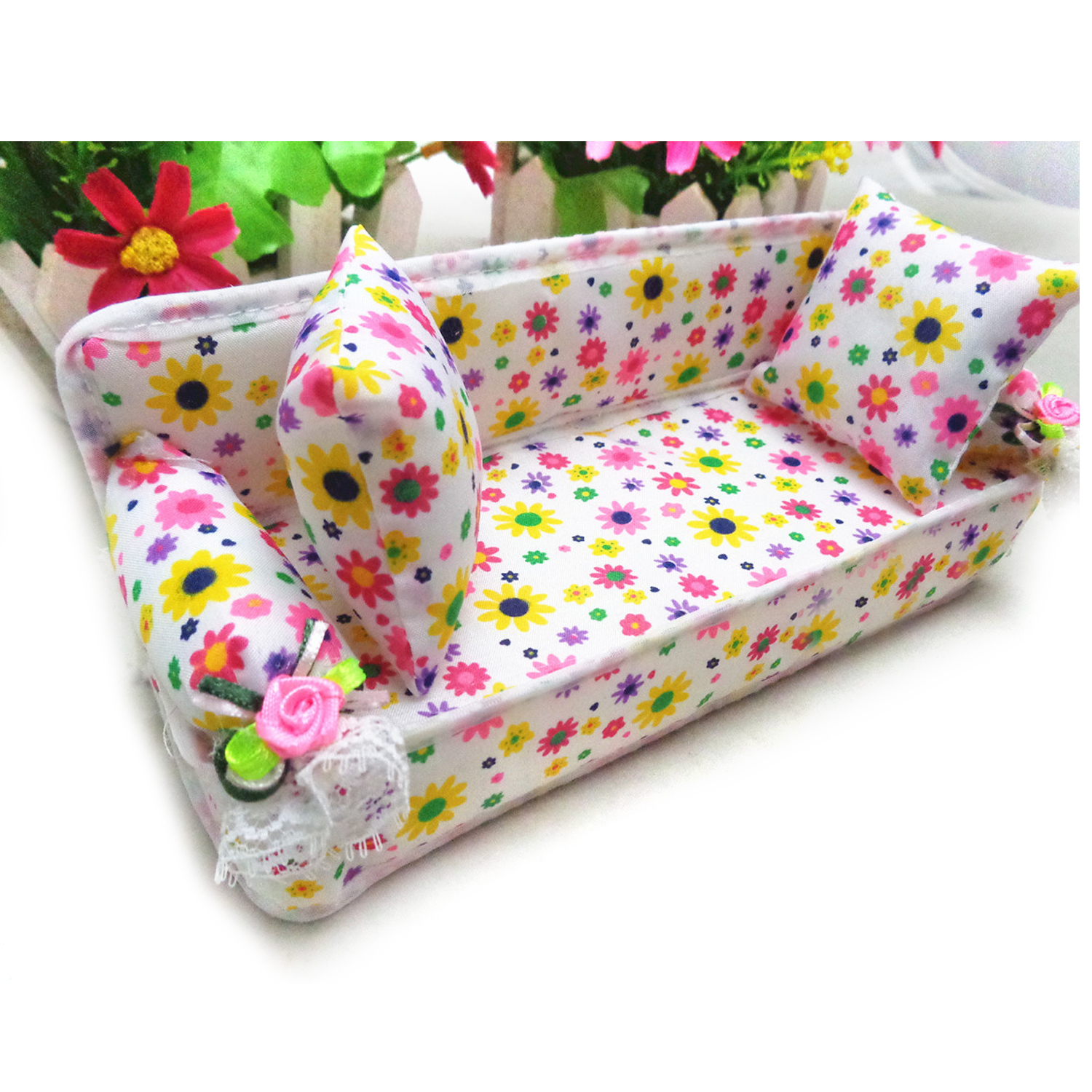 Kawaii Cute Mini Miniature Furniture Flower Sofa Print Couch with 2