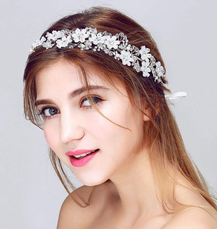 Silver Jasmine Elegant Crystal and Rhinestones Pearls Yarn Flower Wedding Hair Vine Headband Bridal Hair accessories SL-HV0008