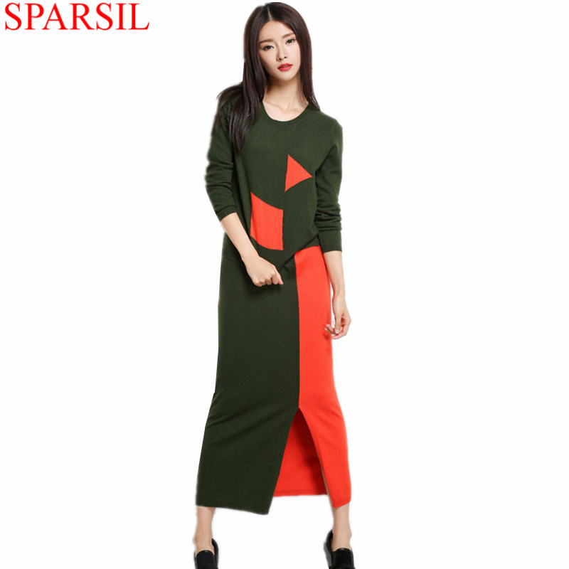 New 2015 Women's Autumn Patchwork Cashmere Knitted Sweater+Long Hem Split Skirt Fashion O-Neck Pullovers Knitwear Jumpers C57