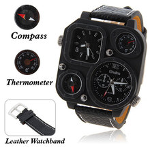 Marca Oulm 1169 hombres de cuero reloj del deporte del cuarzo militar WithThermometer brújula decorar Dual Time reloj de pulsera hombres