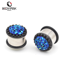 Hot Clear 1 Pair Pink Blue lava Ear Tunnel Earring Stainless Steel Ear Plugs Gauge Body Jewelry Pierceing 6-16mm
