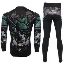 XINTOWN Unisex Skull Soldier Print Jersey Sets Cycling Bike Wicking Breathable Long Sleeve Bicycle Jersey Bib Pant S-4XL