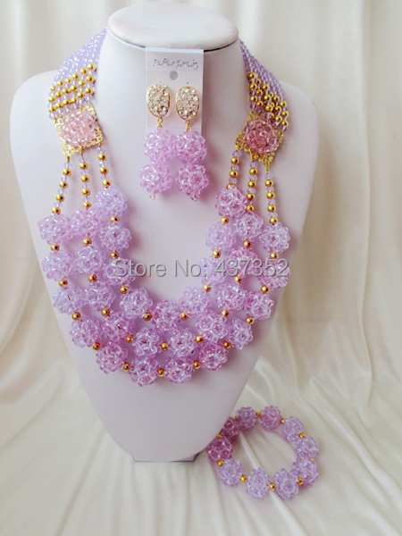 2015 New! Lilac Light purple Ball costume nigerian wedding african beads jewelry sets crystal necklaces bracelet earrings NC2171