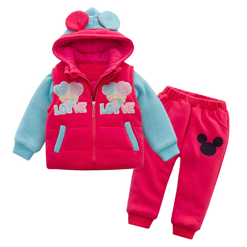 new 2015 winter baby girl high quality thicken warm cartoon mini mouse vest+coat+pant clothing sets 3pcs girls warm clothes sets