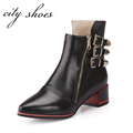 Genuine Leather Black Round Toe Square Low-heels Women Fashion Ankle B