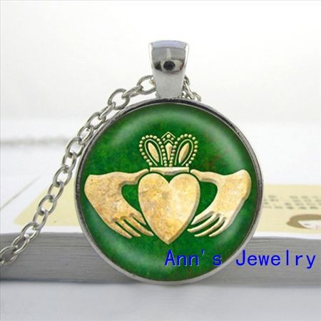 P-136 Claddagh Celtic Necklace or Keyring Glass Art Print Jewelry Charm Gifts for Her or Him Irish green gold st. patrick\'s day Heart Hands