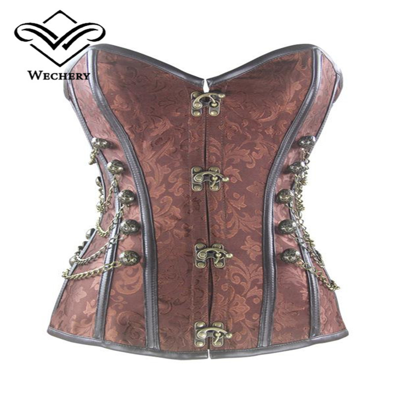 Claciss Brocade Buckle Steampunk Gothic Punk Steel Boned leather Corset with Chain Plus Size Waist Training