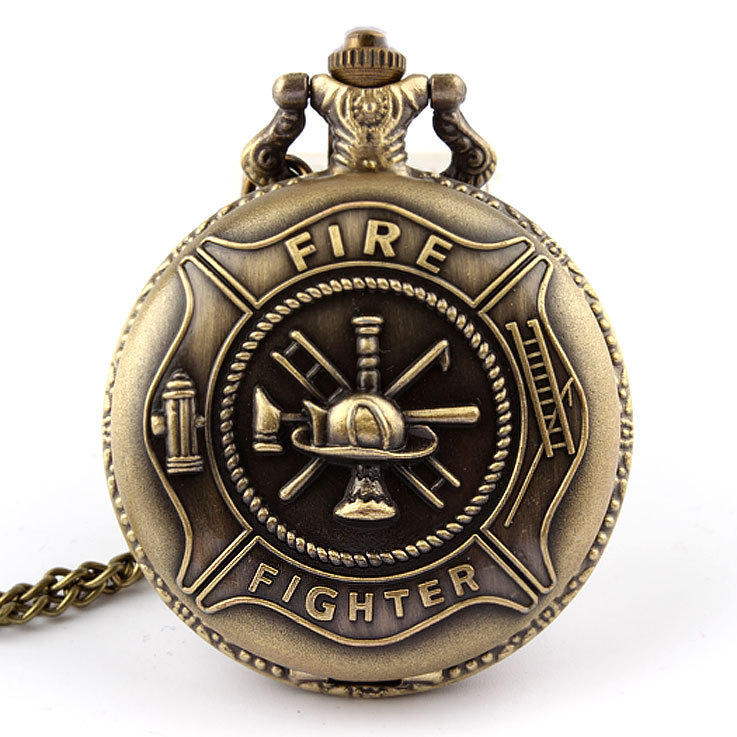 2014 New Style Bronze Fire Fighter Control Quartz Necklace Pocket Watch relogio de bolso