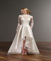 High Neck Long Sleeves Lace Appliques Hi Lo Garden Wedding Dresses Button Back Robe De Mariage