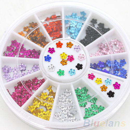 200 Pcs Nail Art 12 Colors Crystal Glitter Rhinestone Flower Manicure Wheel Studs 4BCM