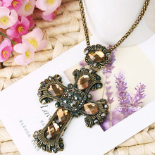 2016 Gothic stone strass big cross pendant necklace retro vintage rope necklaces long collier bijoux women cheap clothes jewelry