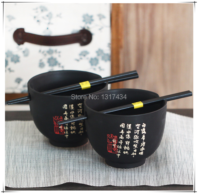 High-grade bone china Japanese style Chinese poetry 2pcs ceramic rice bowl set within chopsticks couple bowls tableware