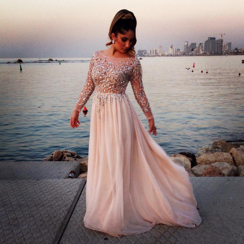Evening Gown With Illusion Neckline Long Sleeves