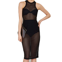 Elina 2015 Fashion womens mesh up elegant see-through bodycon hollow out midi club vestido de festa striped party dresses s m l