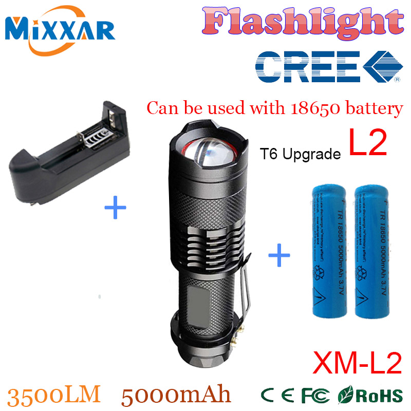 zk50 3500LM CREE XM-L2 led lanterna 5-modes Adjustable led Flashlight Waterproof Torch+2*18650 5000mAh Battery+Charger