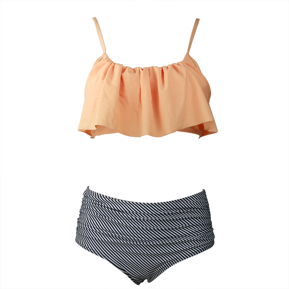 BLESSKISS-High-Waist-Swimsuit-New-2017-Ruffle-Vintage-Bikinis-Swimwear-Women-Bandage-Solid-Top-Striped-Bottom -