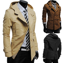 2015 Hot Autumn Winter Men’s Clothes Fashion Casual Hooded Double-Breasted Korean Slim Fit Jacket Coat for Men High Quality