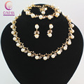 Imitation White Natural pearl Jewelry Sets Rhinestone Ball Necklace Earrings Bracelet Ring Wedding Party Jewelry