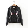 2016 New Faux Leather Bomber Jacket For Women Fashion Autumn Bird Embroidery Pockets Cozy Casual Long