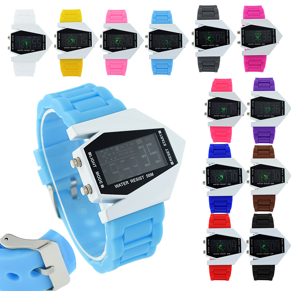Fashion Sports Men s Waterproof Airplane Shaped Dial Multi Function LED Light Digital Silicone Wrist Watch