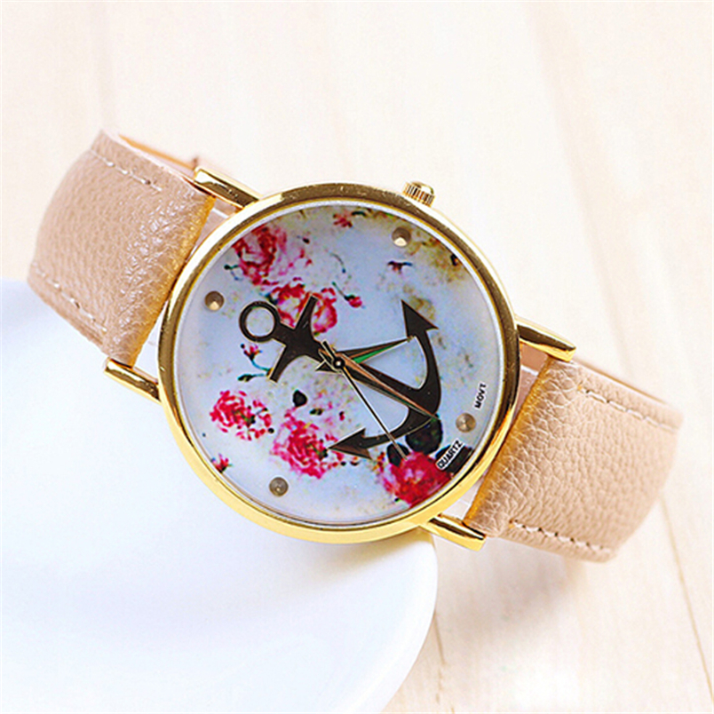 Novel design Fashion female watches Women's Fashion Leather Floral Printed Anchor Quartz Dress Wrist Watch  yj