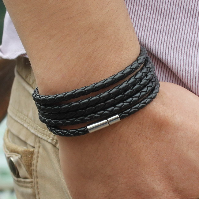 New Style 2015 Latest Popular 5 Laps Leather Bracelet Men Charm Vintage Black Bracelet Free Shipping