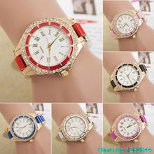 Nuevas de la llegada mujeres números romanos analógico Rhinestone oro de la aleación de cuarzo reloj de pulsera
