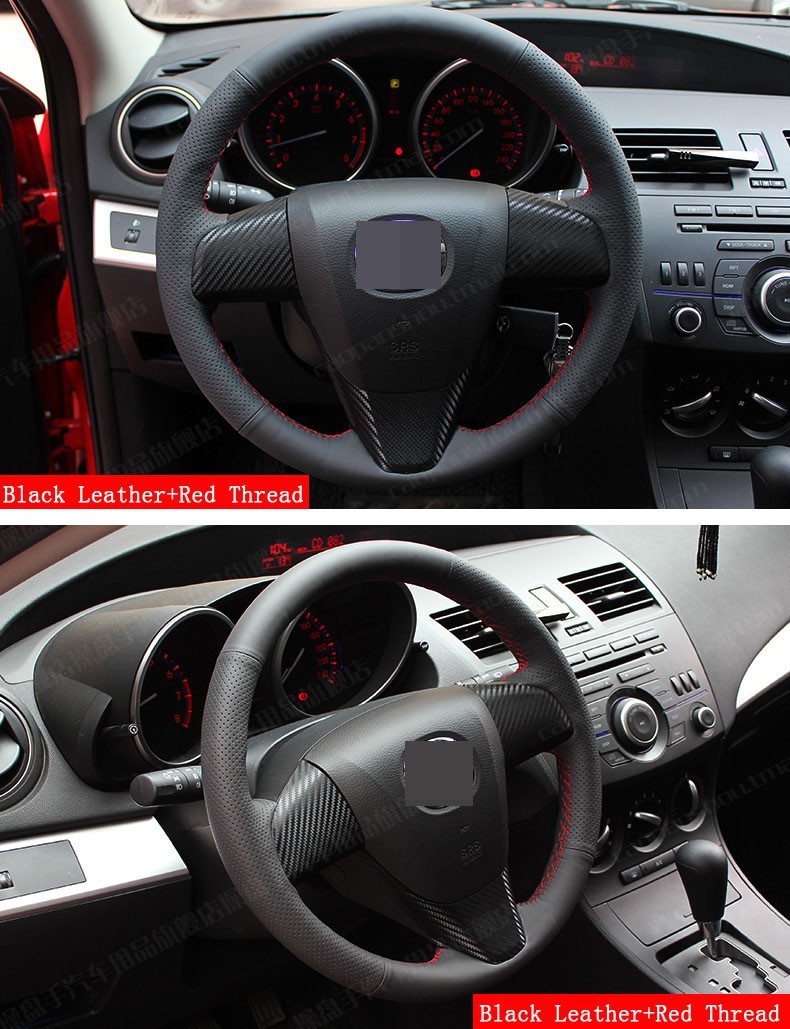for 2011-2013 Mazda 3 Mazda CX7 Black Leather Steering Wheel Cover Red Thread