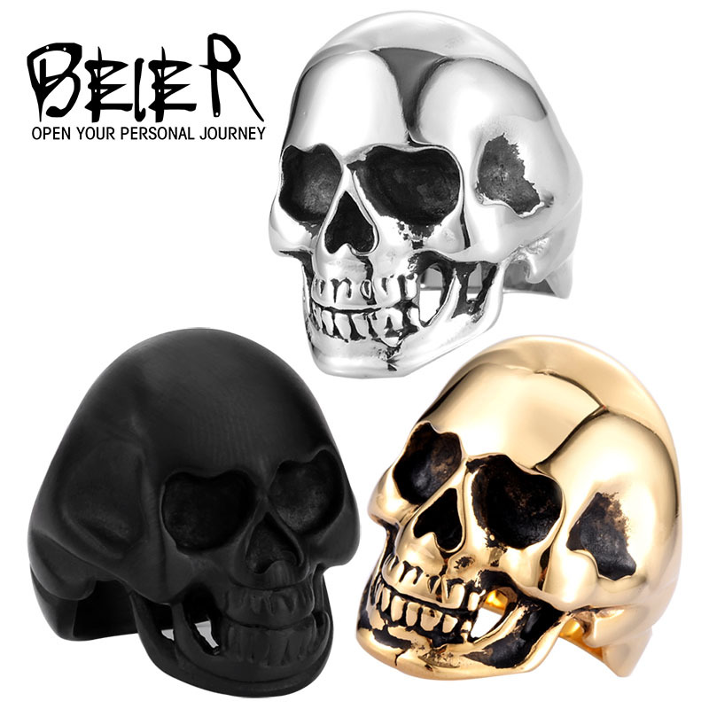 Drop ship 316l stanless steel fashion jewelry men's punk smooth middle knuckle paver black/gold skull rings man br8-022