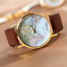 new styles leather watches with world map watch wholesale Unisex watches wristwatch Gold watchband casual watch