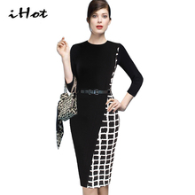 High Street Elegant Women 3/4sleeve Bodycon Work Wear Tartan Print Tunic Dress Casual Female Formal checkered Pencil Office robe