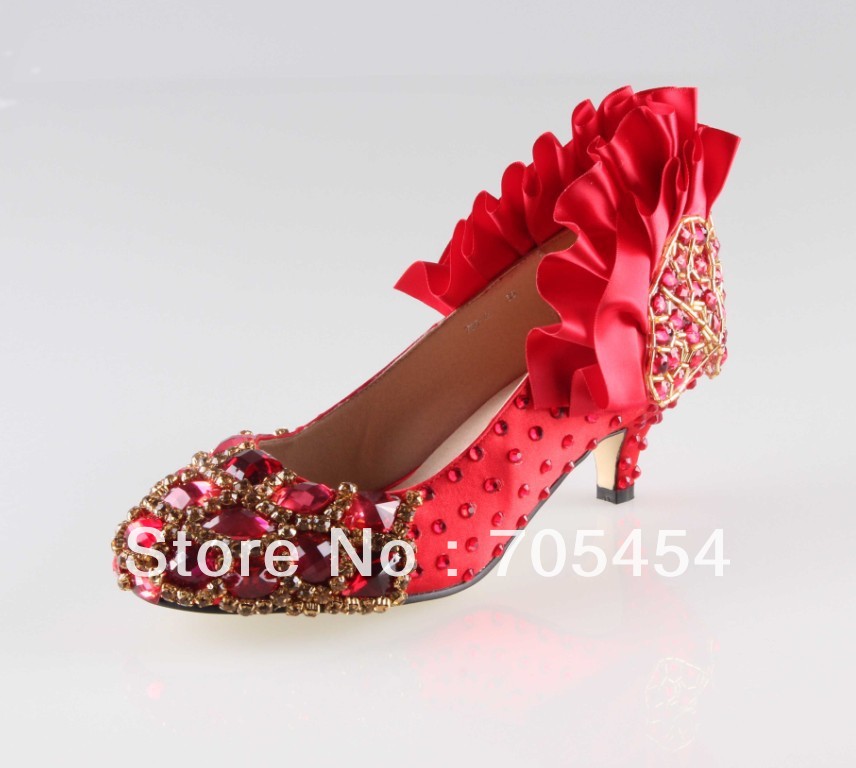 red evening shoes with rhinestones