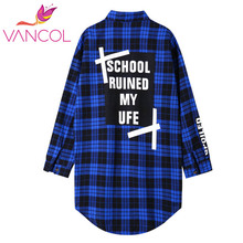 2016 New Arrival Loose Autumn Female Word Print Women Blue Red Cotton Long Plaid Shirt Ladies Tartan Long Sleeve Summer Blouses