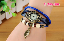Envío libre – 2015 nueva Vintage cuarzo mujeres se visten Watchs Wrap hoja del árbol colgante de cuero sintético reloj