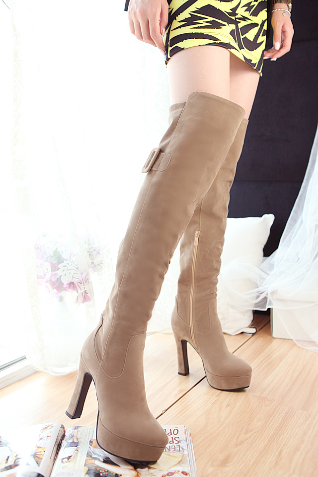 New Fashion Autumn Winter  Suede Leather Women Boots High Heels Knee High Shoes Over the Knee Boots Plus Size EU34-43