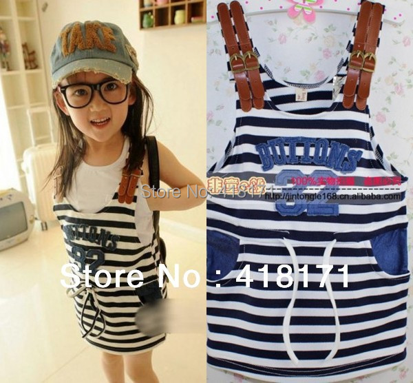 2013NEW summer children clothes fashion girls dress kid stripe suspender dress/overalls navy blue girl jumpsuits free shipping
