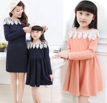 Family Clothes Lace Neck Dress for Mother and Girl/Daughter Women & Girls Dress Fashion Spring/Autumn (Colors: Pink, Navy) FL526