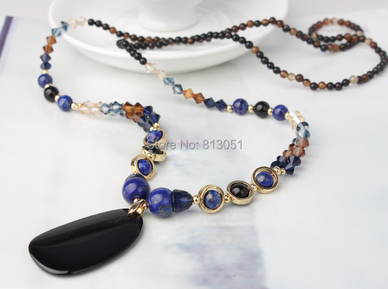Free shipping!!!Sweater Chain Necklace,Jewelry Accessories, Miracle Agate, with Austrian Crystal & Natural Lapis Lazuli & Brass