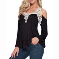Sexy Women s Casual V Neck Long Sleeve Off Shoulder Lace Hollow out Blouse blusa renda