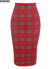 Women Classic Red Plaid High Waist Midi Pencil Skirt With Back Split 2015 Spring Hot Sale In Stock Bodycon Knee Length Clothing